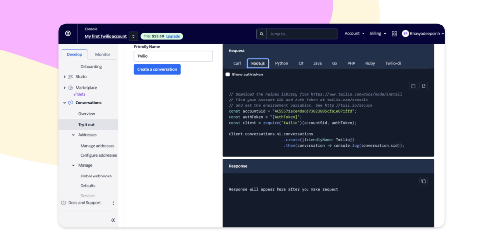 Screenshot showing how you need to code for creating a WhatsApp chatbot on Twilio